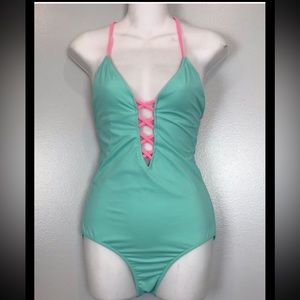 Victoria's Secret Halter Turquoise’s Aqua Blue One-Piece Halter Swimsuit Small